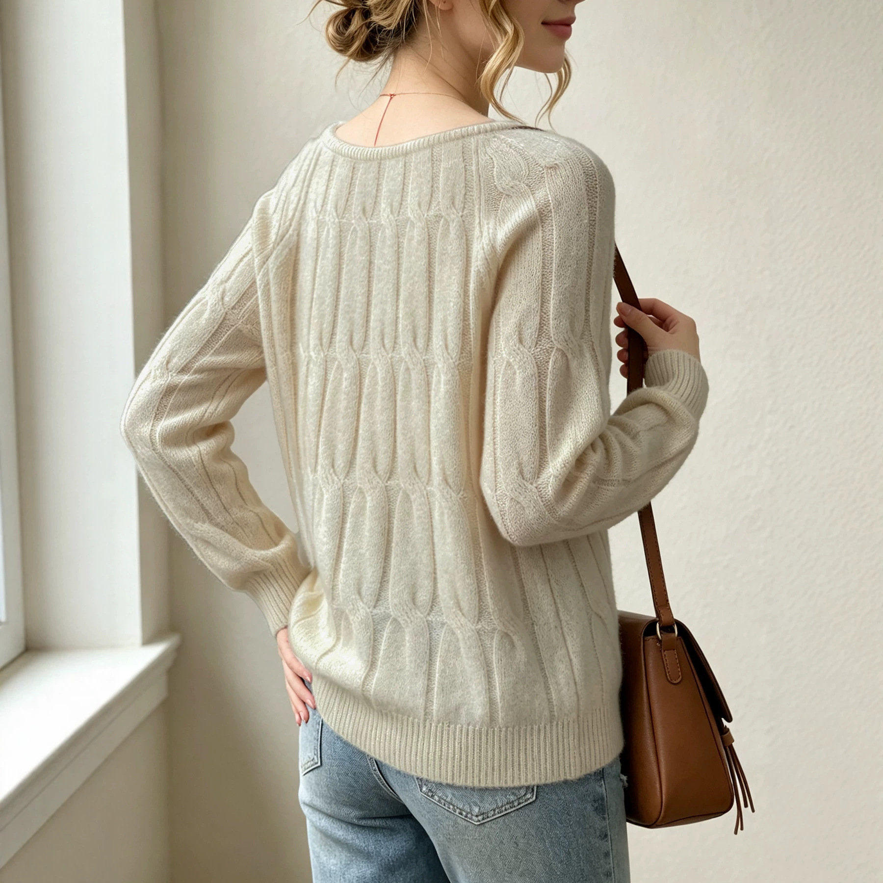 Women's Cable Knit Off-Shoulder Sweater Vintage Loose Raglan Sleeve Ribbed Hem