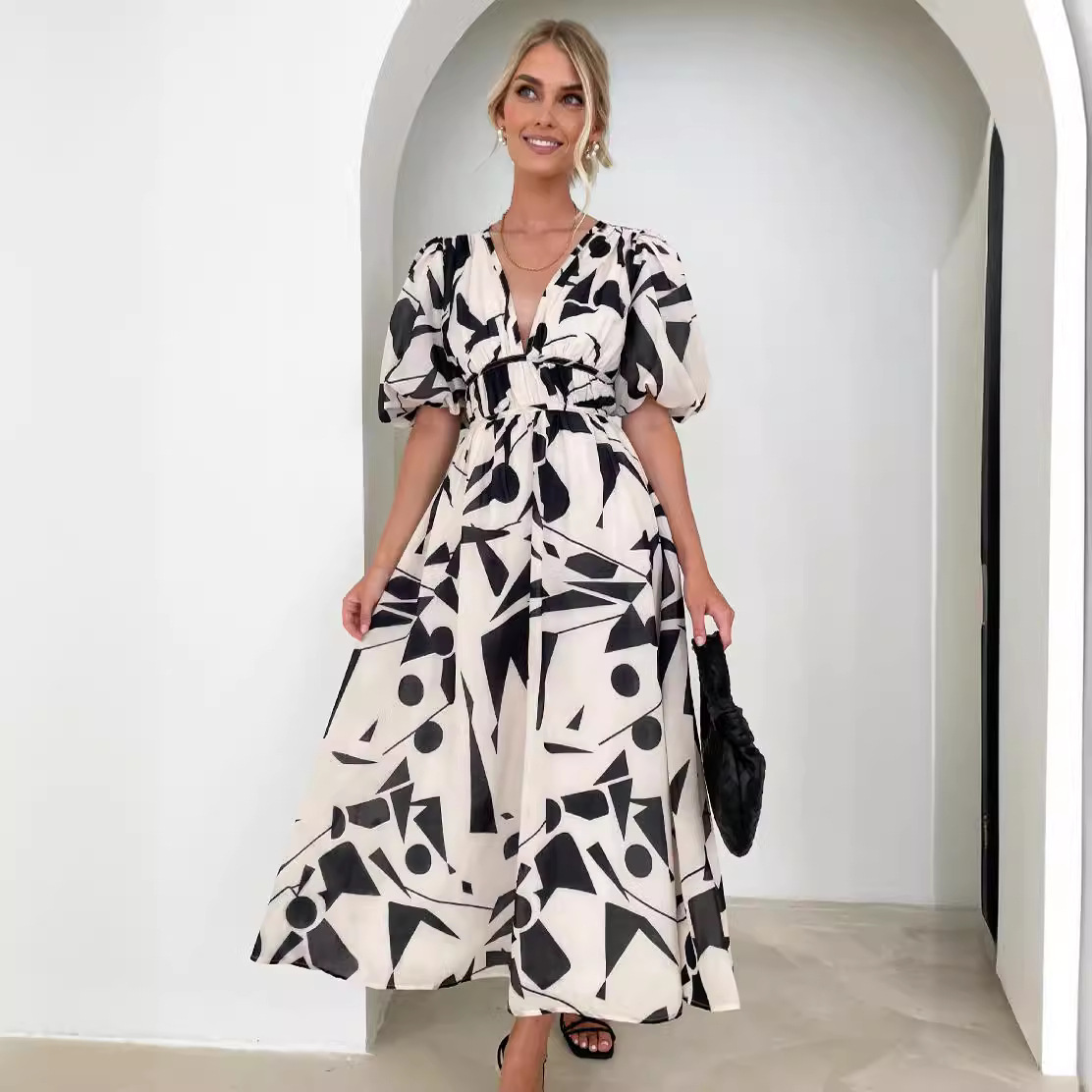 Women's Summer Printed Long Dress with V-Neck and Puff Sleeves