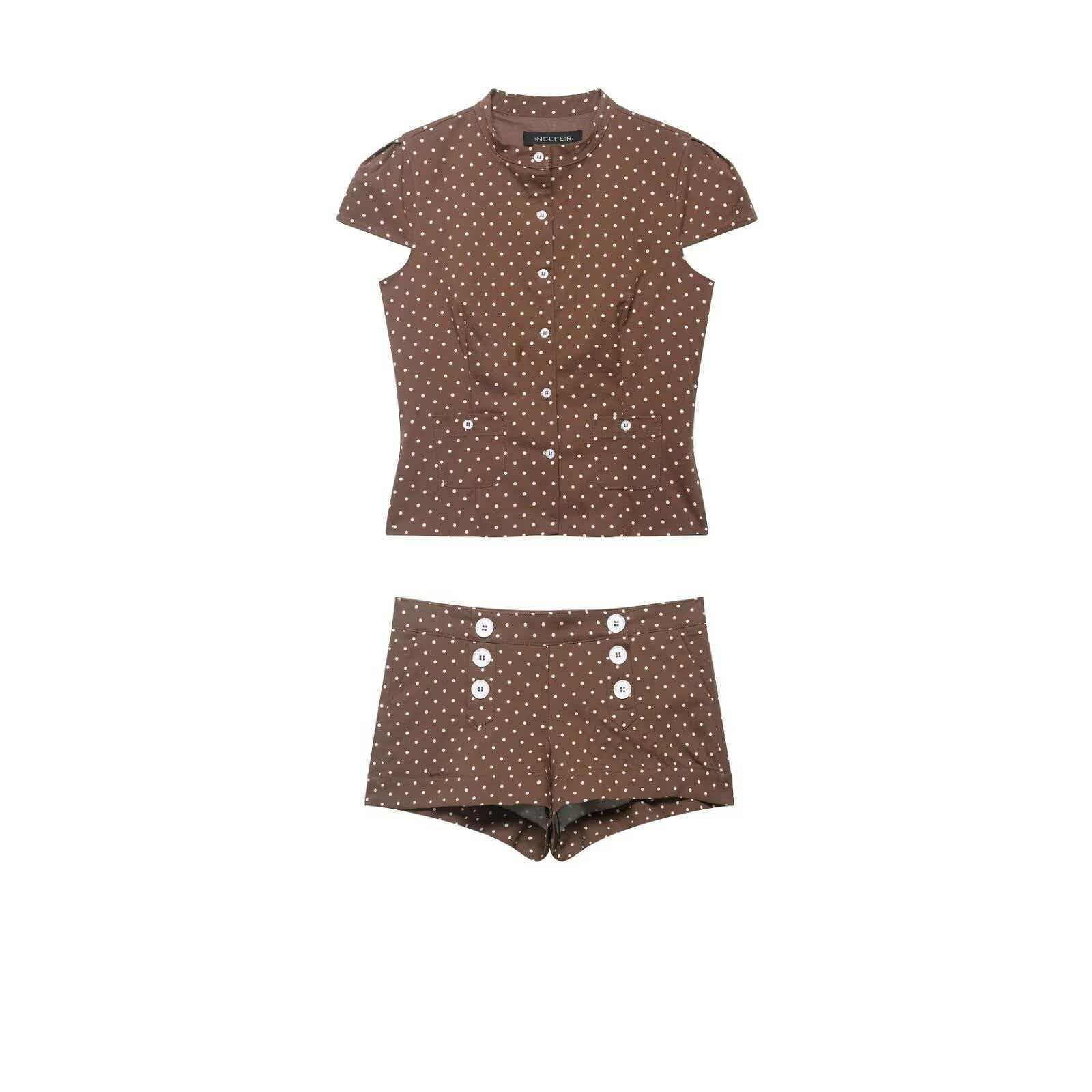 Women's Summer Polka Dot Shirt and High-Waist Double-Breasted Shorts Set