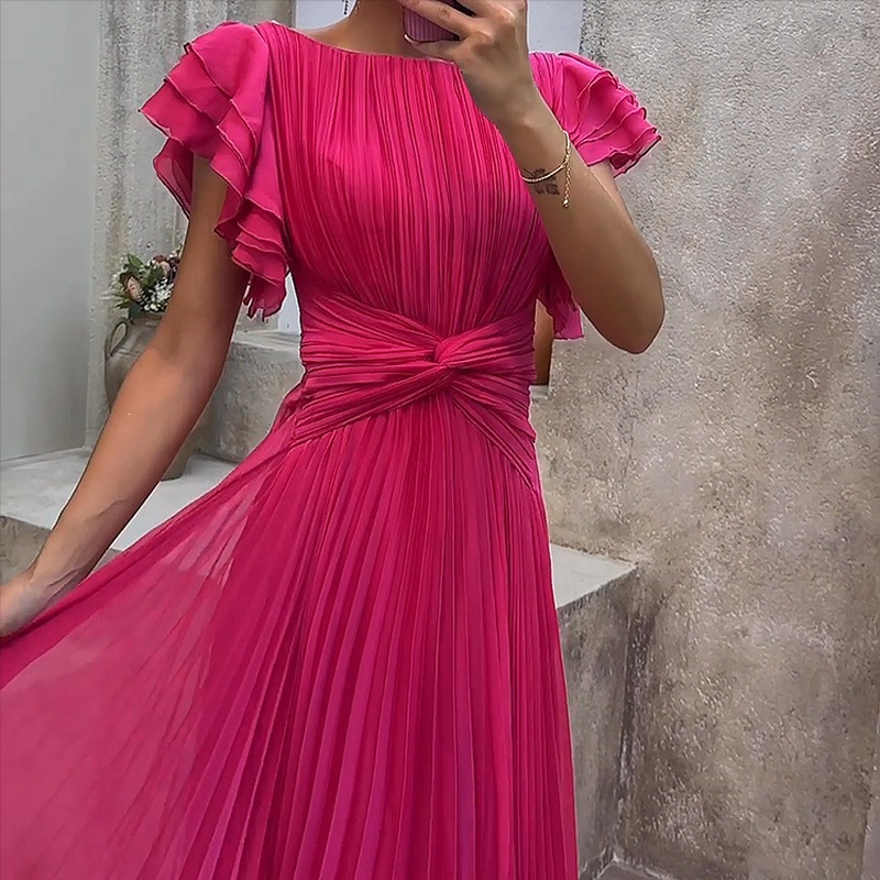 Women's Ruched Cross-Front Crewneck Solid Color Dress
