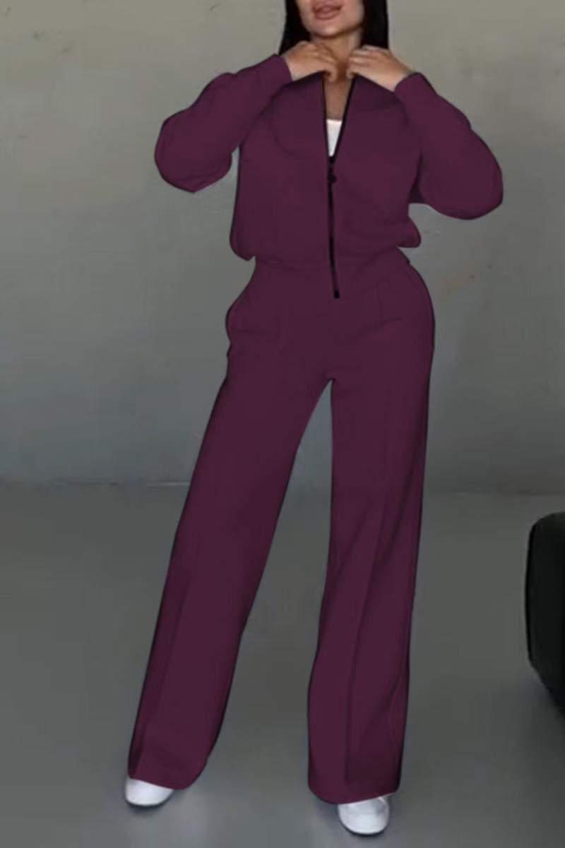 Women's Casual Zip Jacket & Wide-Leg Pants Two-Piece Set