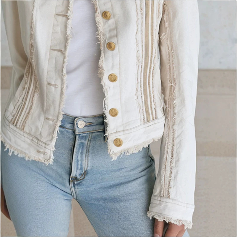 Casual Vintage Frayed Off-White Denim Jacket