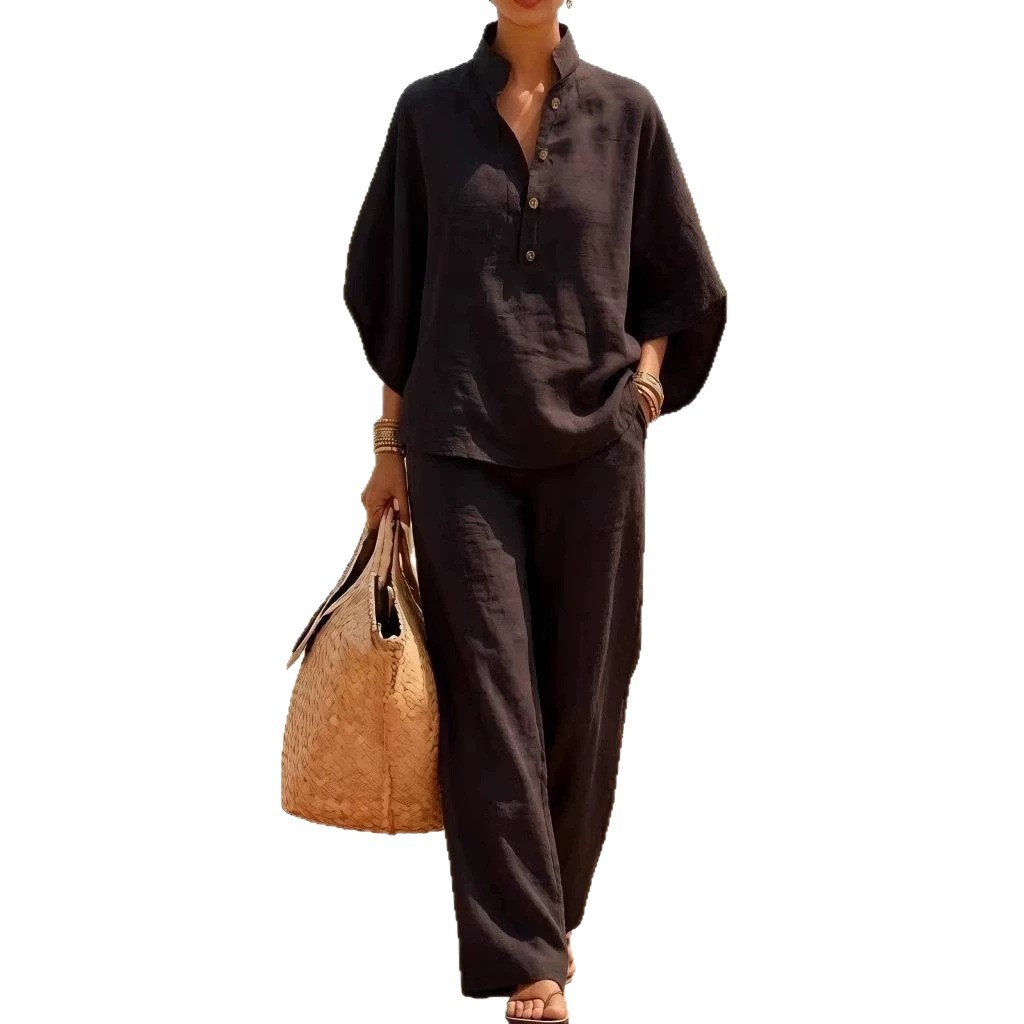 Women's Casual Button-Down Shirt and Wide-Leg Pants Two-Piece Set Solid Color