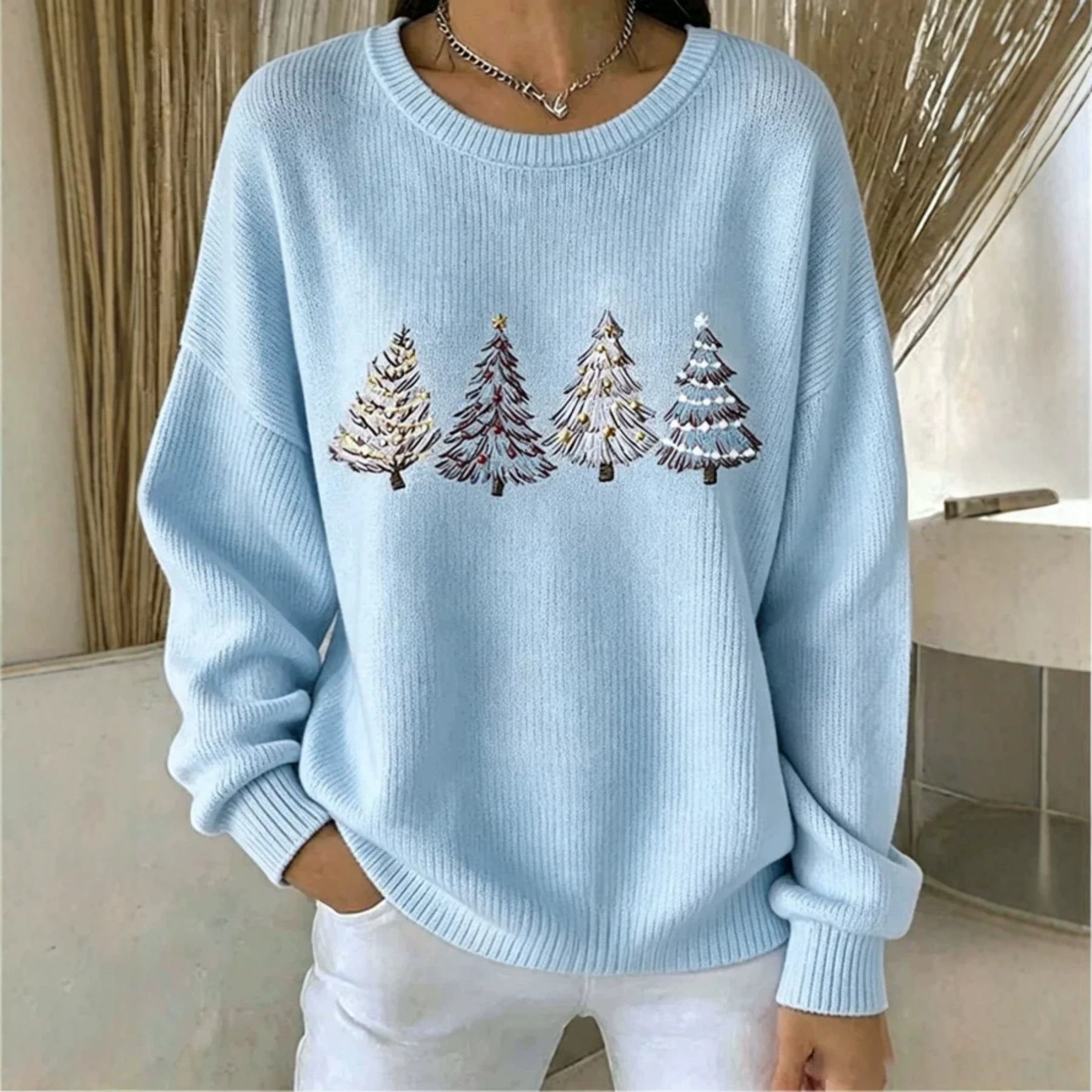 Forest Tree Print Crewneck Long Sleeve Pullover Sweatshirt