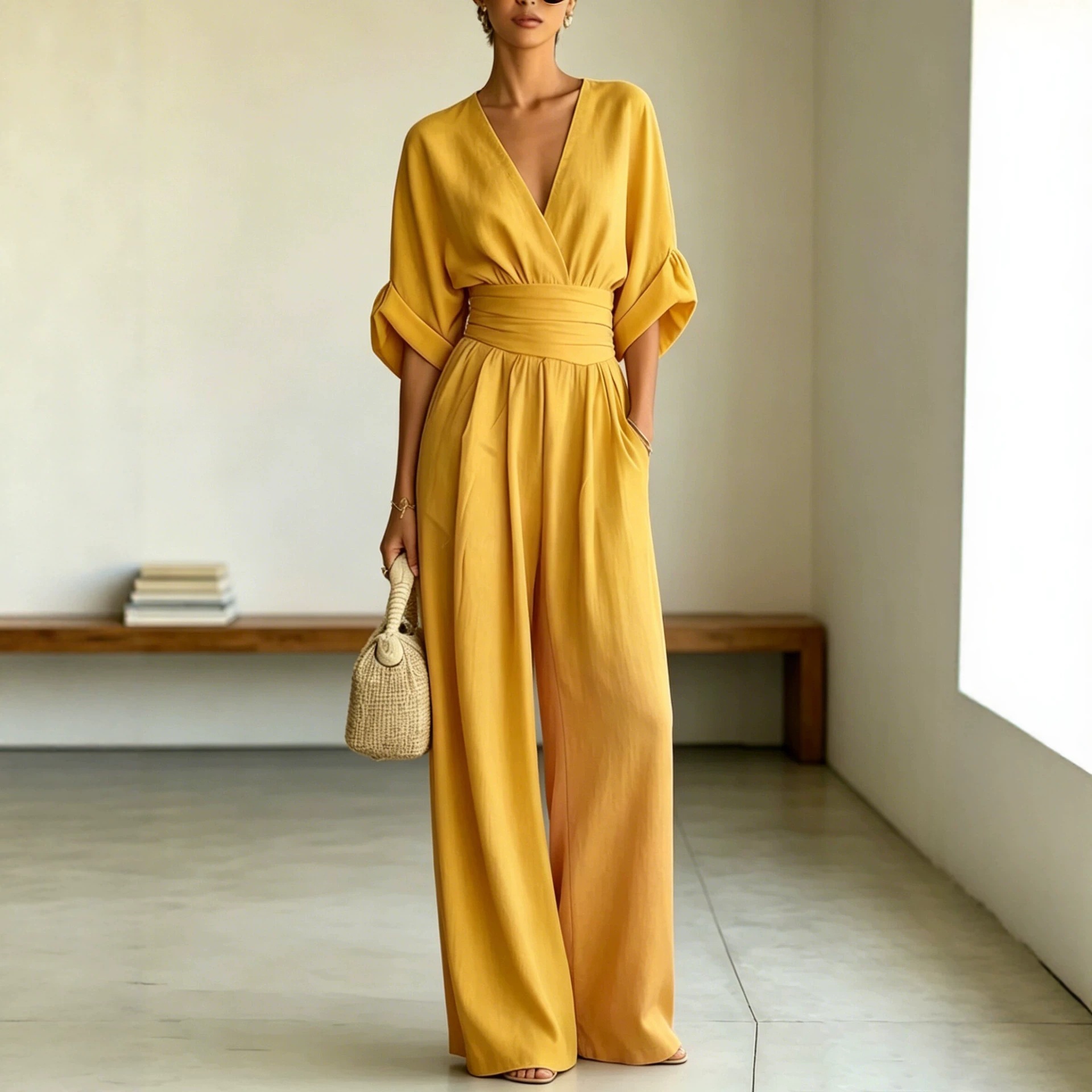V-Neck Cinched Waist Rolled Sleeve Wide-Leg Jumpsuit