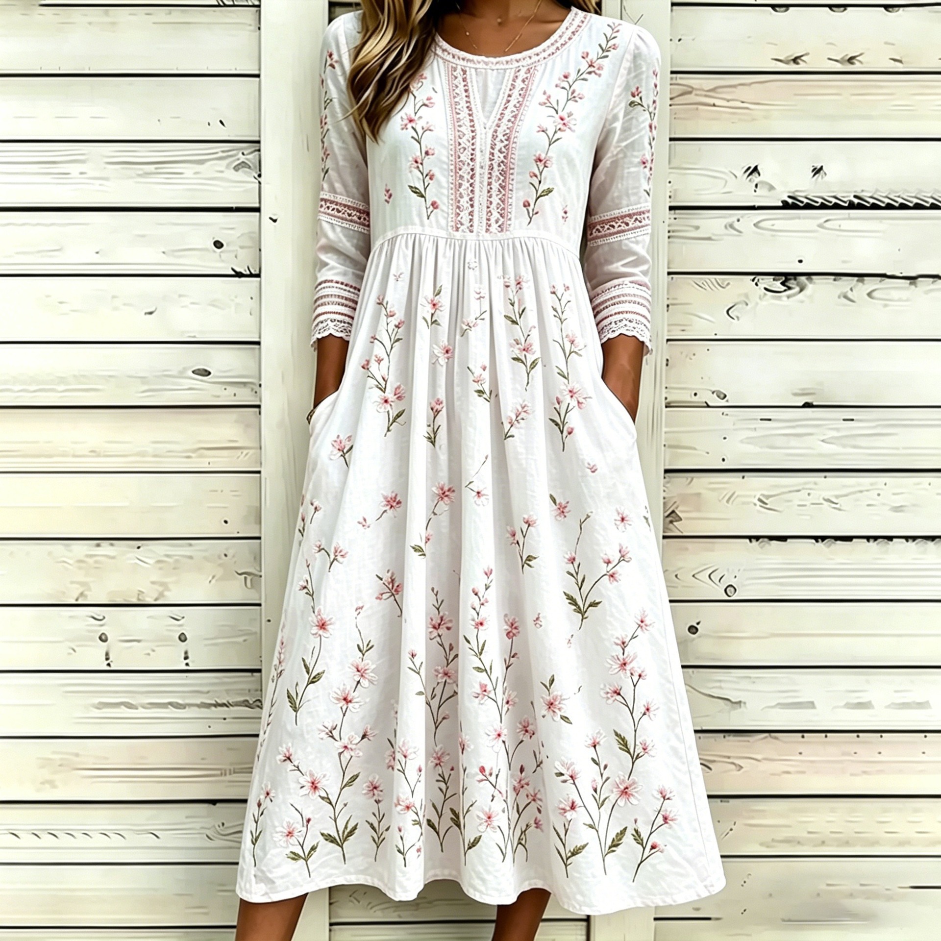 Women's Leaf Floral Butterfly Print Pleated Midi Dress
