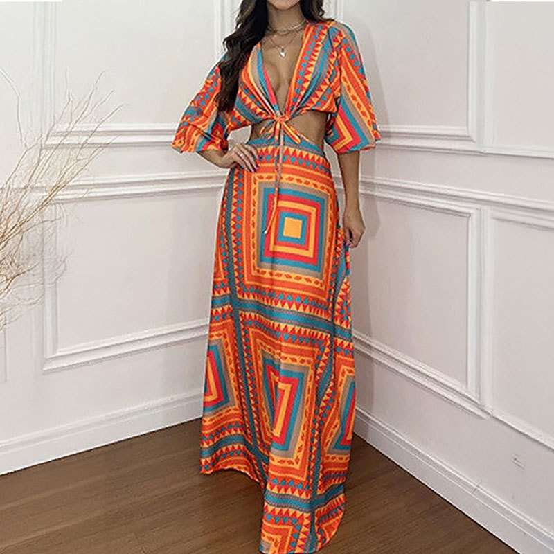 Women's Cutout Waist Printed Tie Dress