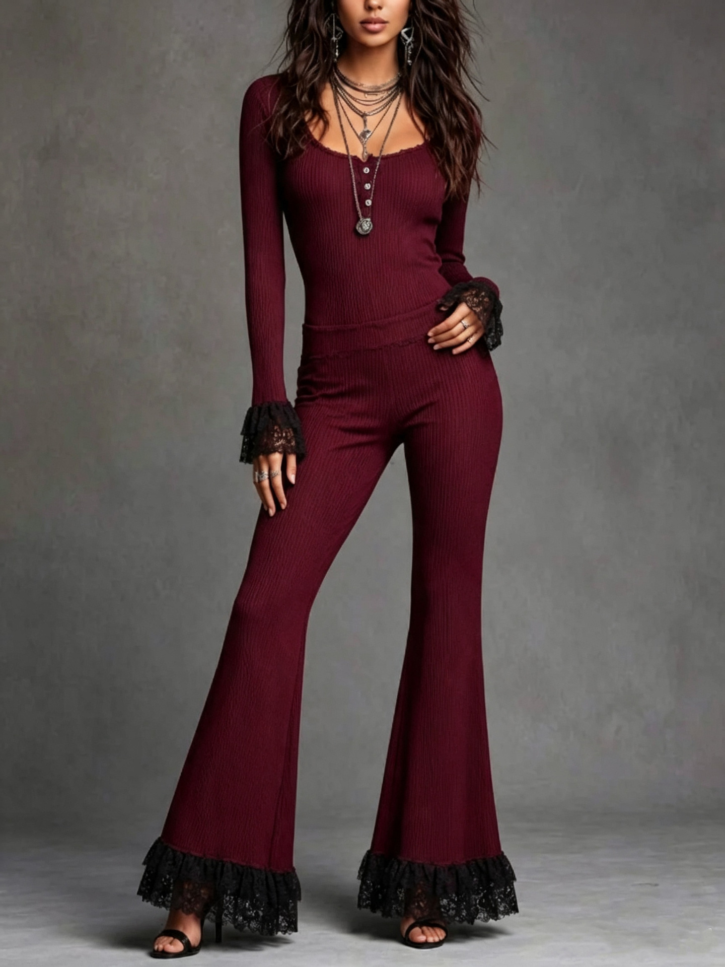 Women's Ribbed Knit Long Sleeve Lace Trim Top and Flared Pants Two-Piece Set