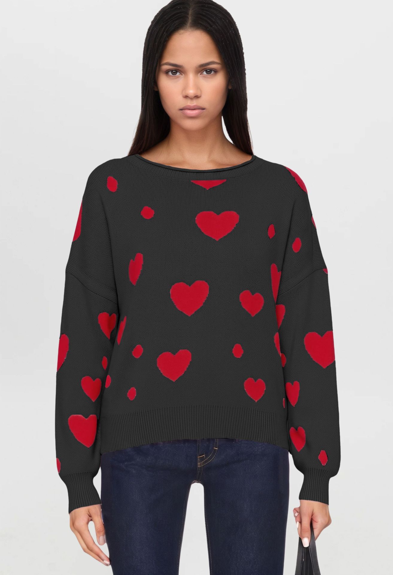 Polka Dot Heart Crewneck Pullover Sweater