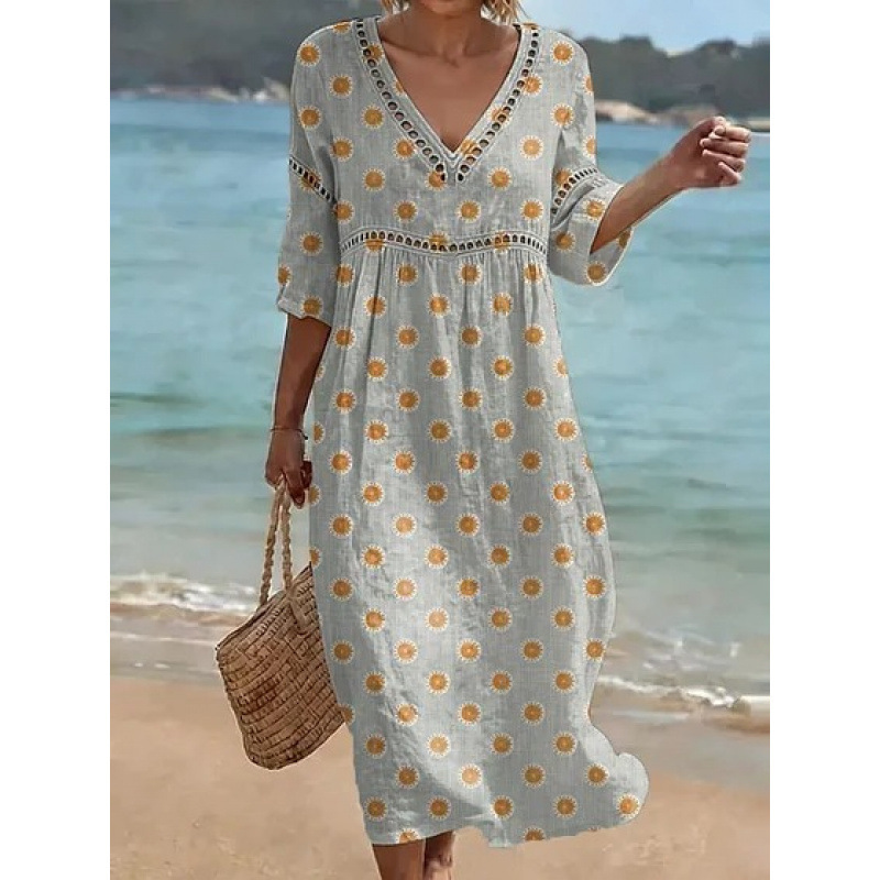 Women's Floral Print Pleated Midi Dress with Deep V-Neck and 3D Effect