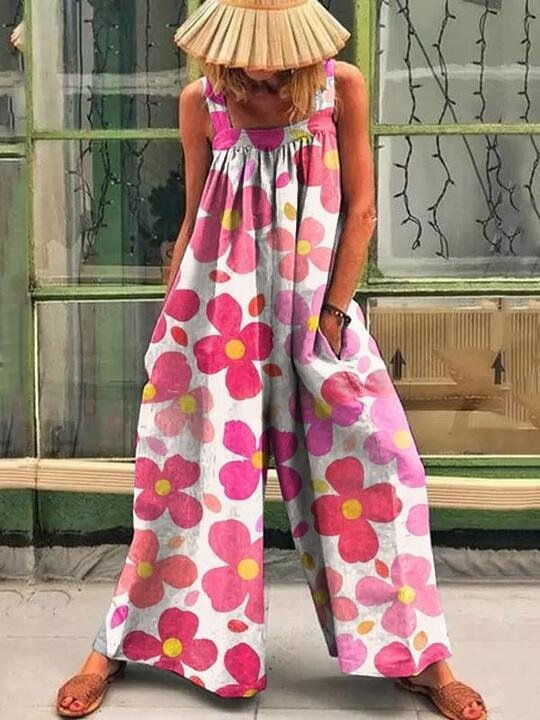 Women's Plus Size Floral Print Wide-Leg Jumpsuit with Straps