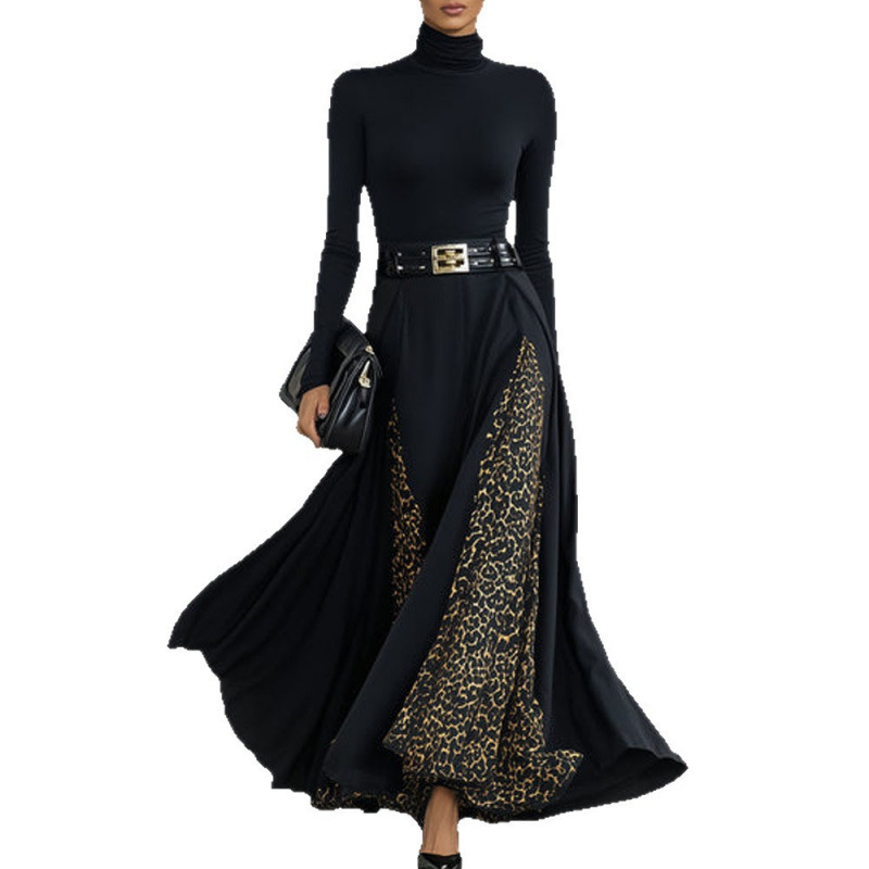 Black Leopard Print Long Sleeve Patchwork Dress