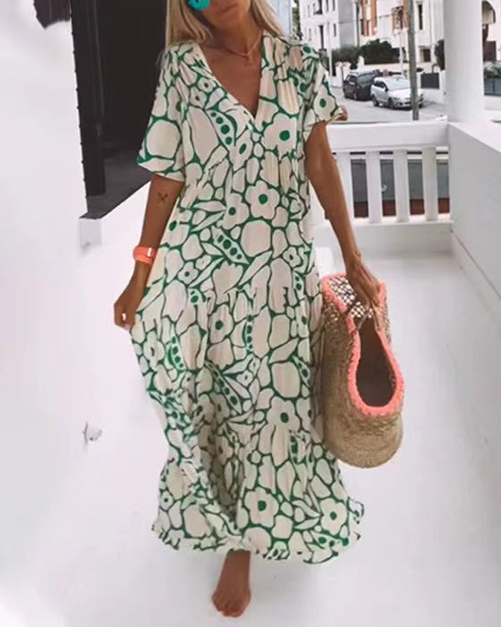 Women's Summer Printed Short Sleeve Deep V-Neck Long Dress