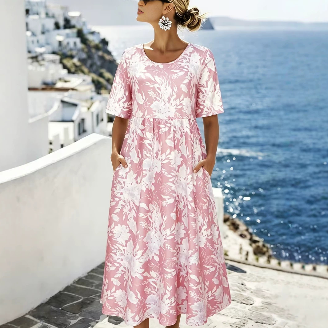 Women's Floral Print Ruched Midi Dress Crew Neck Half Sleeve