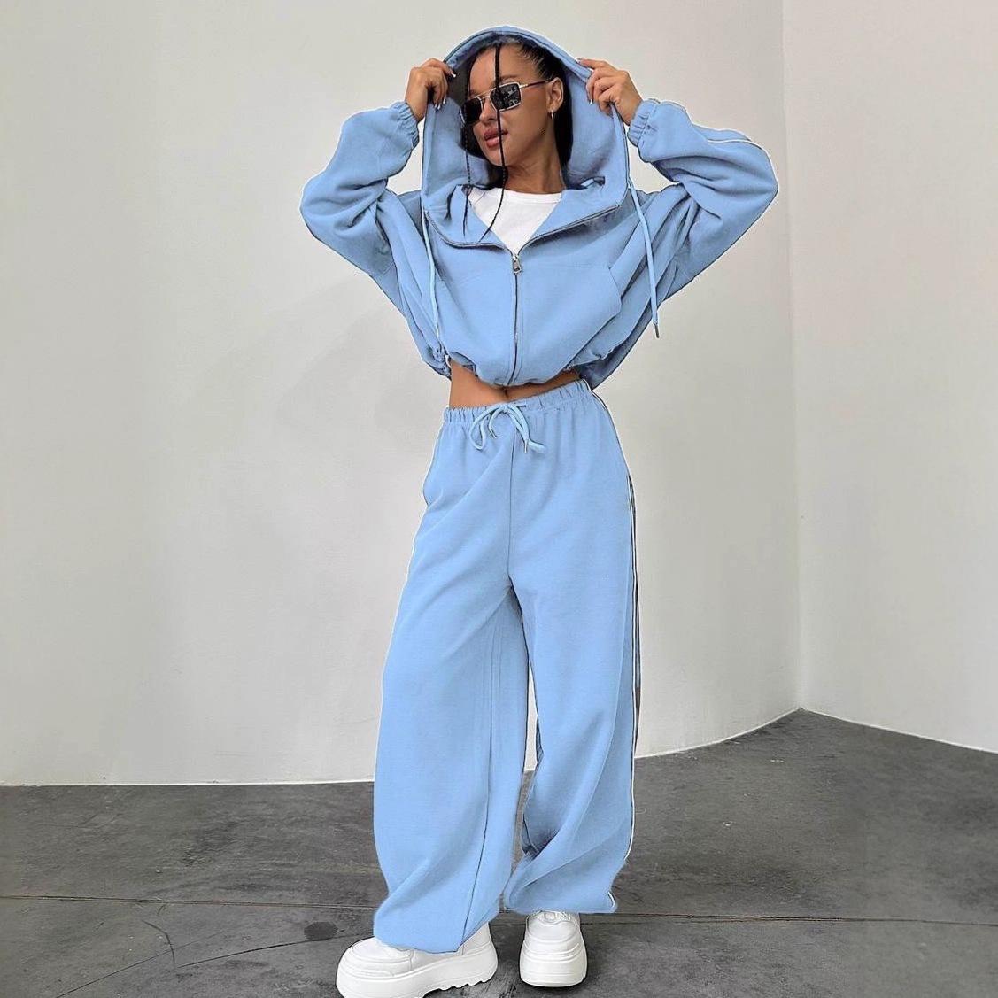Women's Hooded Lace-Up Cardigan and Elastic Waist Pants Two-Piece Set