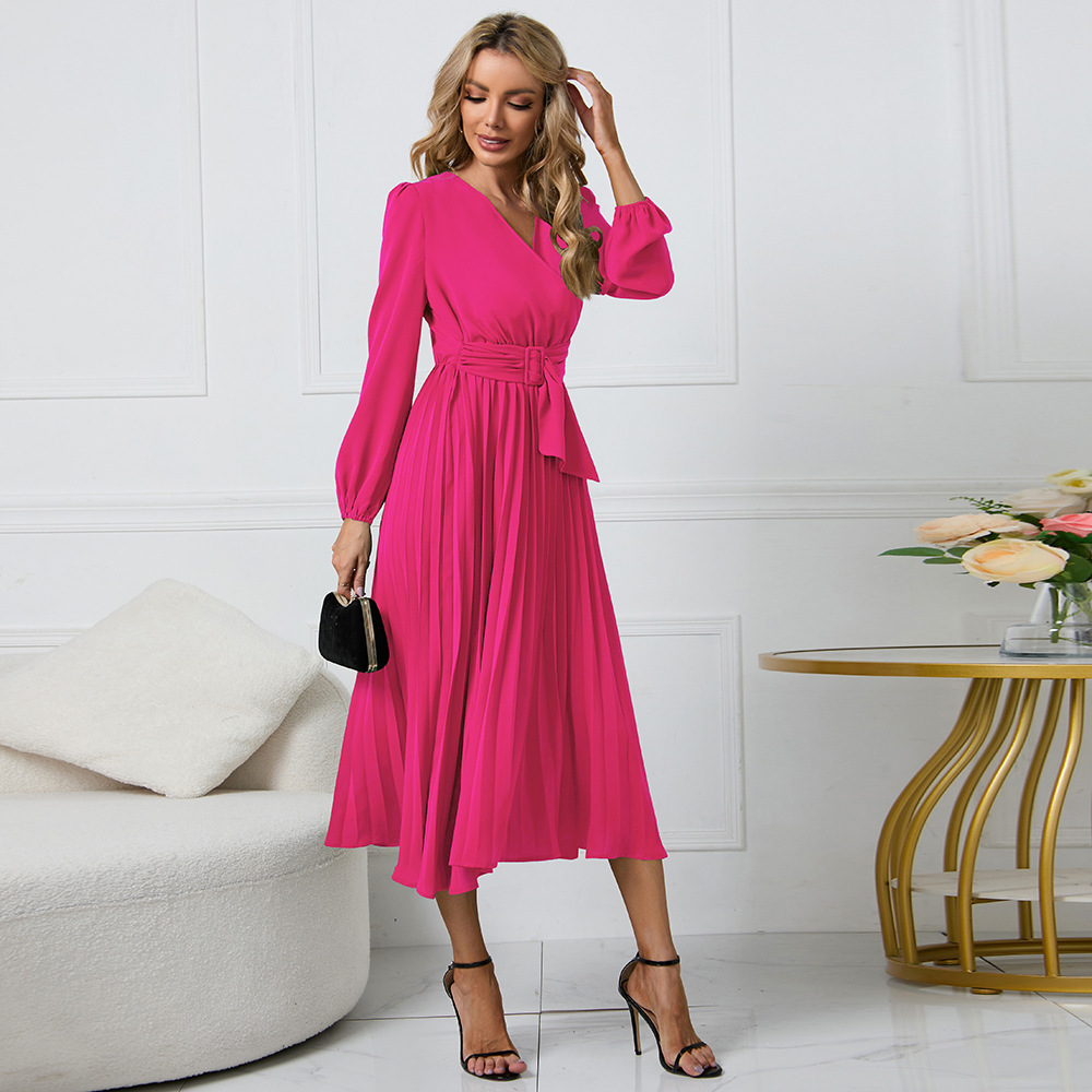 Women's Long Sleeve V-Neck Pleated A-Line Dress with Belt