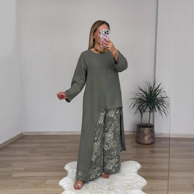 Women's Cotton-Linen Asymmetric Top & Wide-Leg Pocket Pants Set