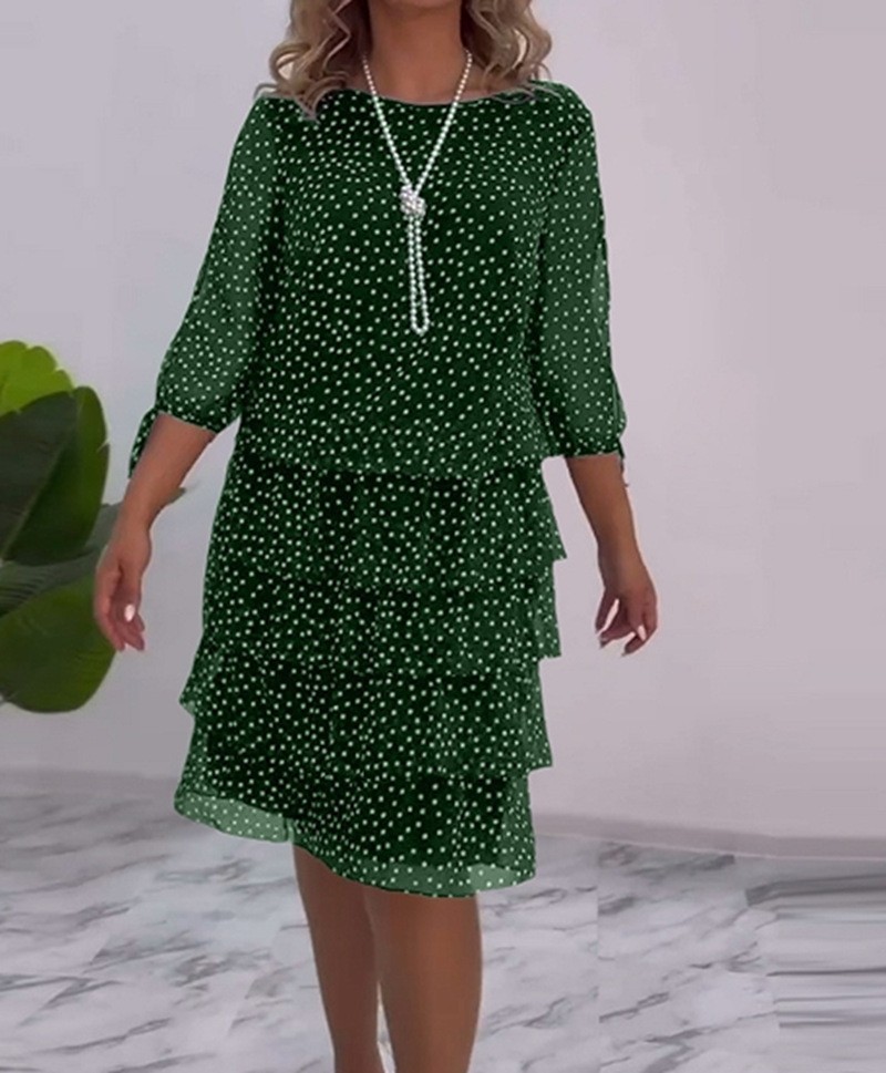 Elegant Polka Dot Print Round Neck Tiered Cake Dress