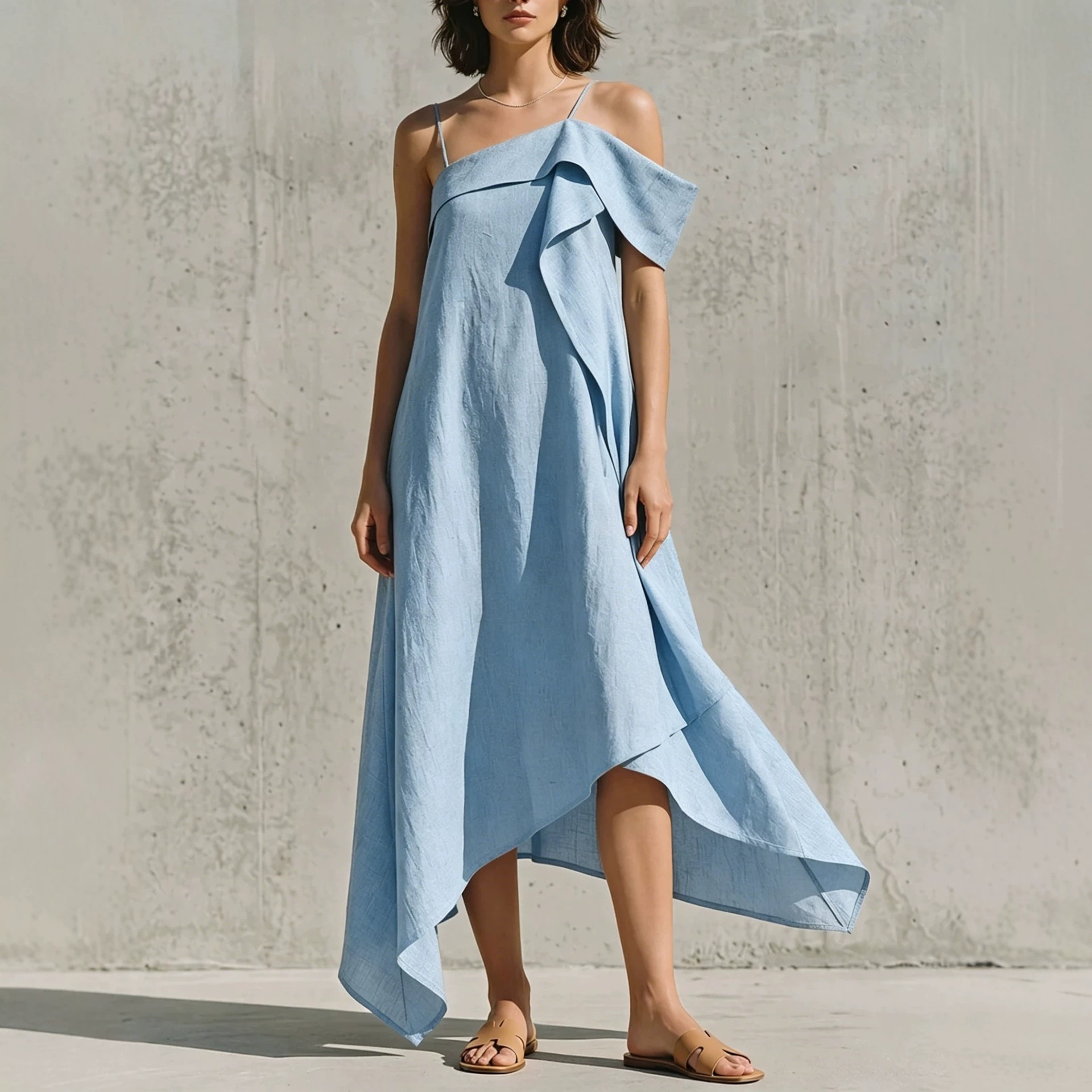Asymmetric One-Shoulder Linen-Blend Dress with Irregular Hem