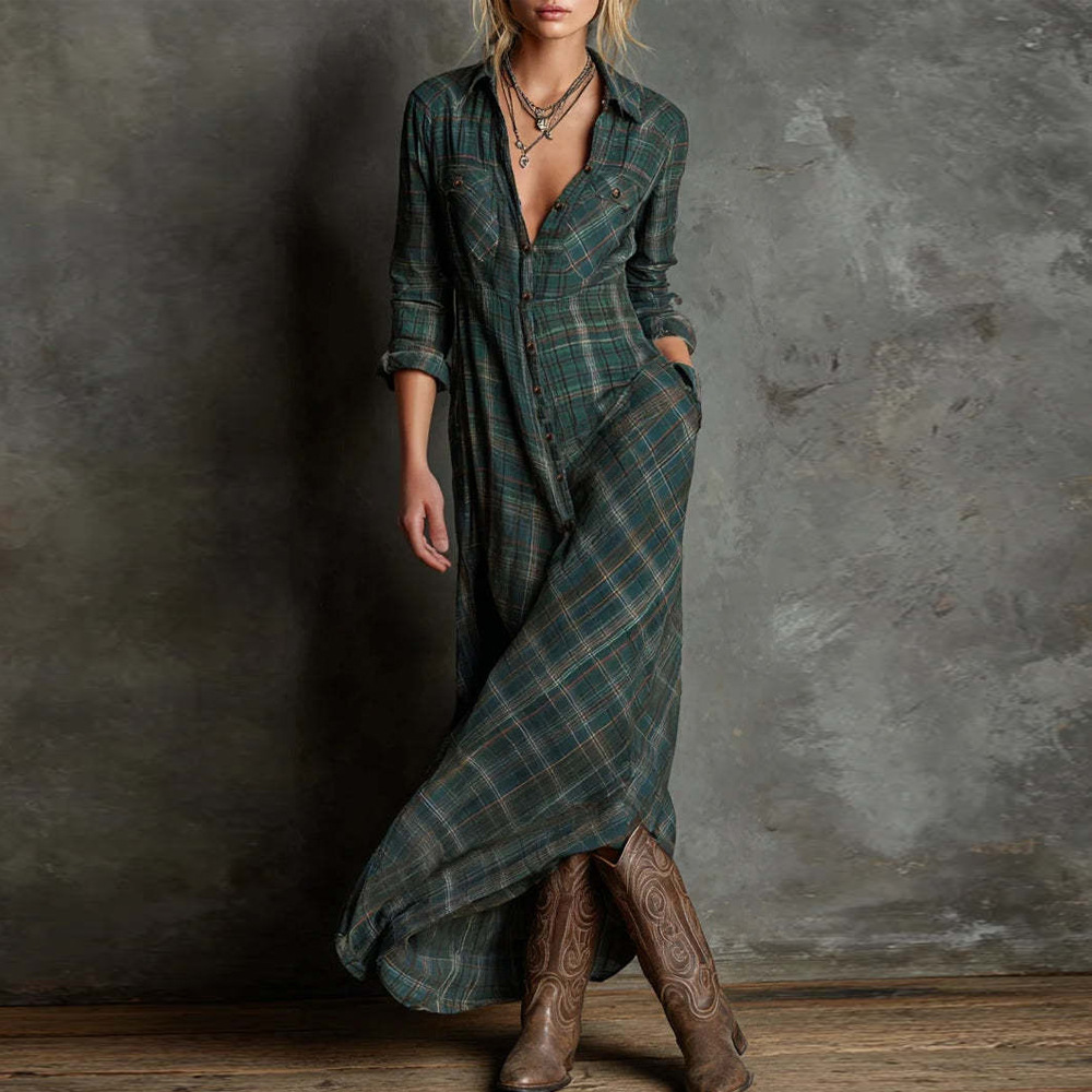 Plaid Long Sleeve A-Line Shirt Dress