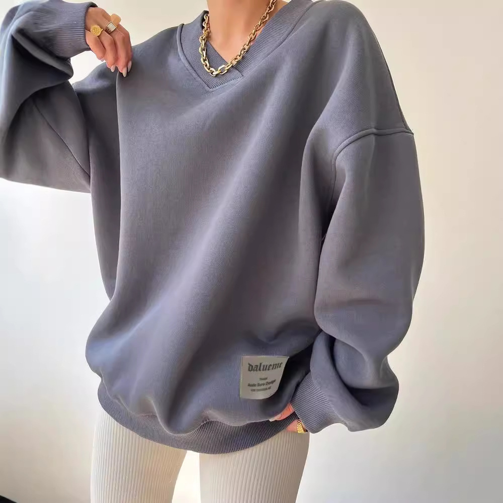 V-Neck Long-Sleeve Loose Graphic Pullover Hoodie for Women