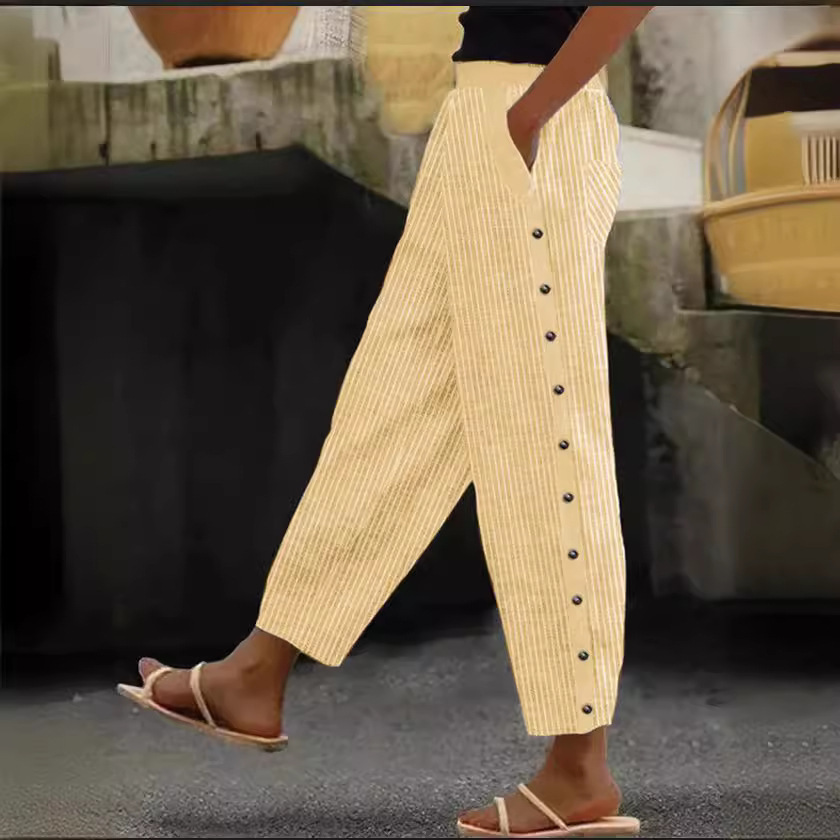 Striped Print Button Elastic Waist Cropped Pants with Pockets