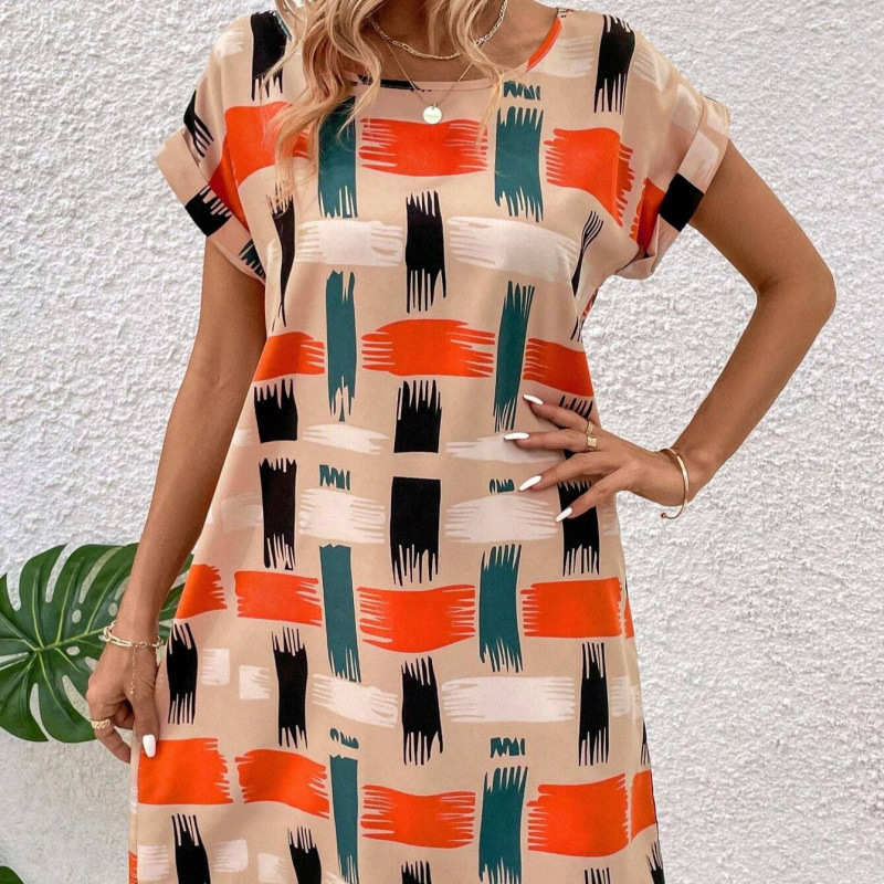 Women's Summer Printed Batwing Sleeve Round Neck Dress