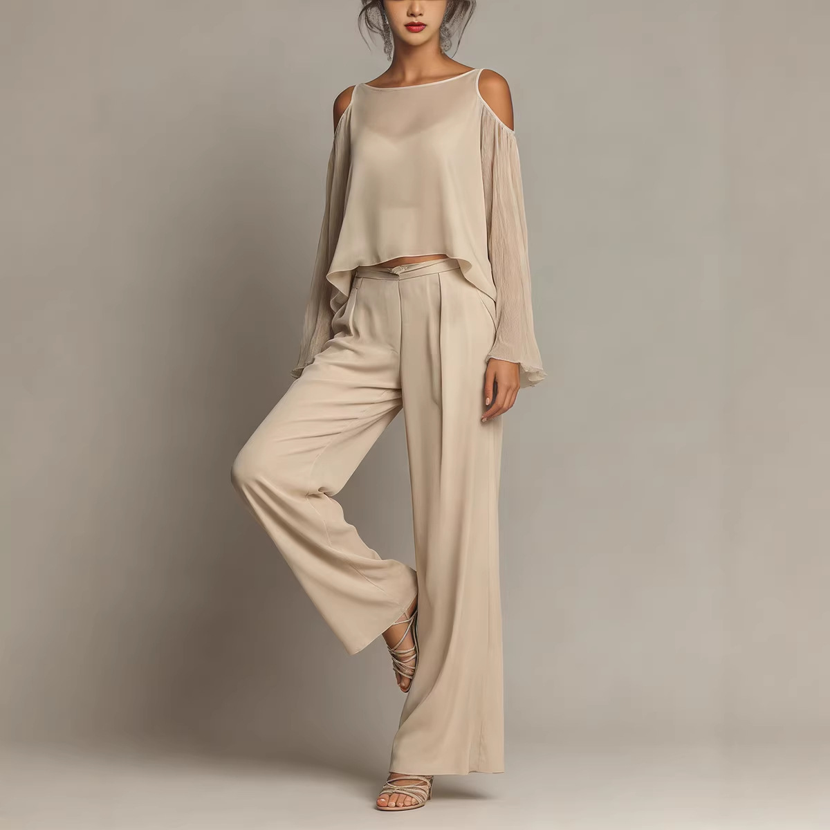 Women's Solid Off-Shoulder Top & Wide-Leg Pants Two-Piece Set