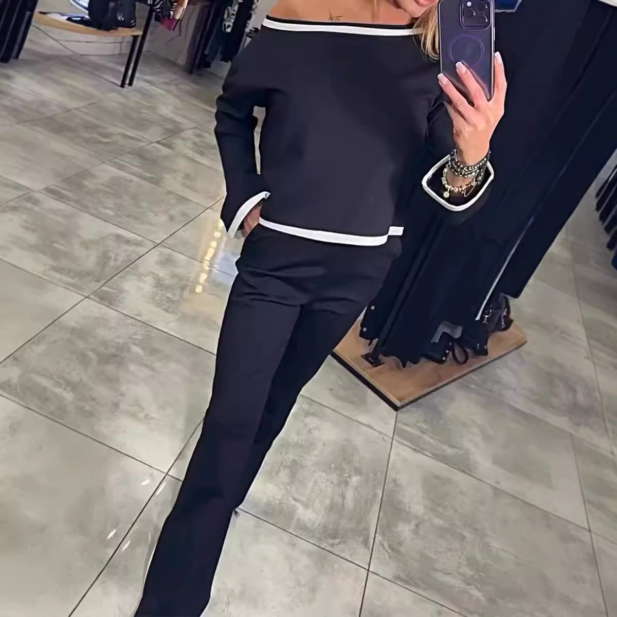 Women's Casual Color-Block One-Shoulder Long-Sleeve Two-Piece Set