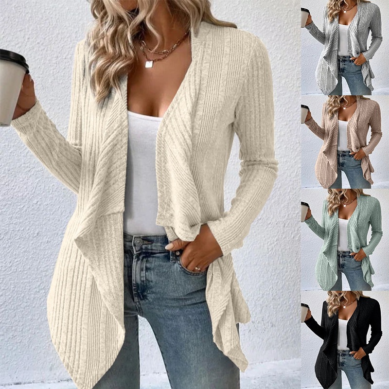 V-Neck Ribbed Knit Cardigan with Asymmetrical Hem