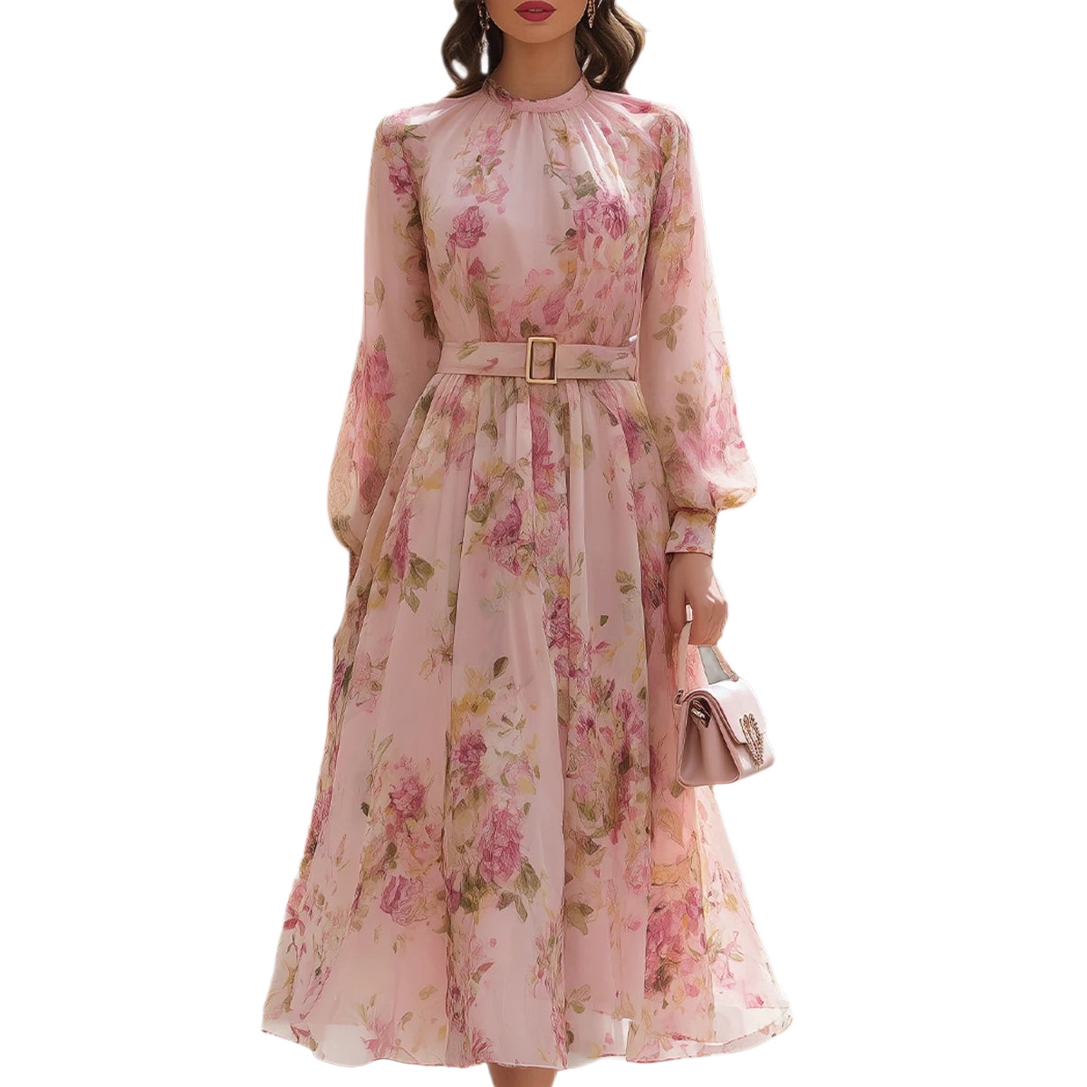 Printed Long Sleeve Tie-Waist Midi Dress with Bubble Sleeves