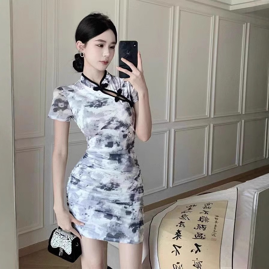 Floral Print High-Waist A-Line Cheongsam Dress
