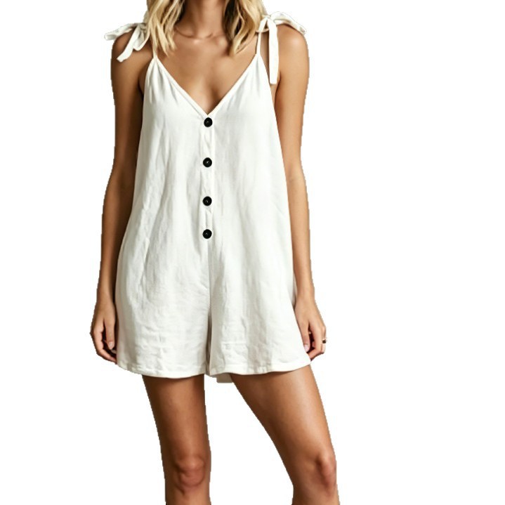 Sleeveless V-Neck Faux Button Solid Color Romper