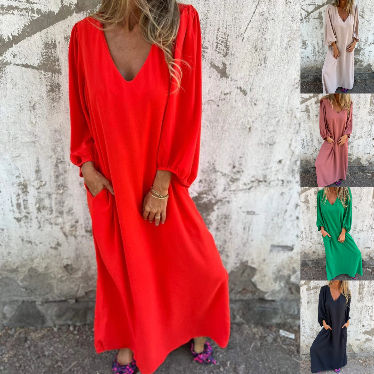 Women's Casual Loose V-Neck Solid Lantern Sleeve Midi Dress