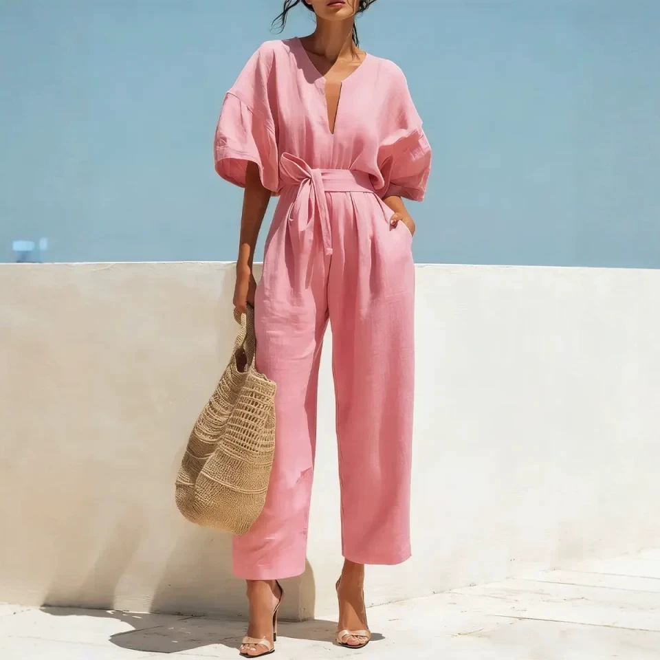 Elegant V-Neck Solid Cotton-Blend Jumpsuit for Women