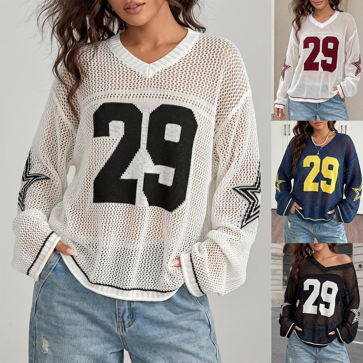 Women's Sheer Open-Knit V-Neck Long-Sleeve Jersey Cover-Up Tee