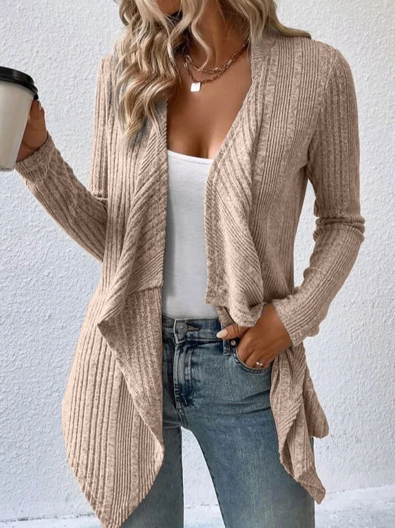 V-Neck Ribbed Knit Cardigan with Asymmetrical Hem