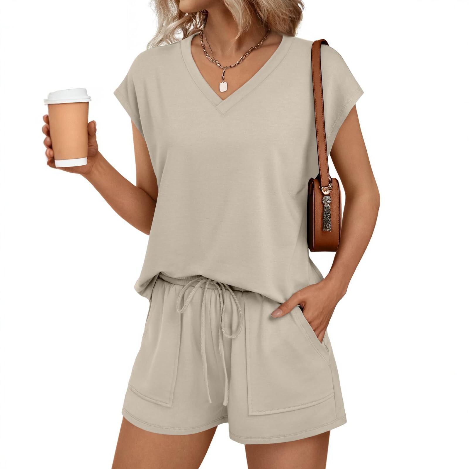 V-Neck Short Sleeve Tee and Shorts Two-Piece Set