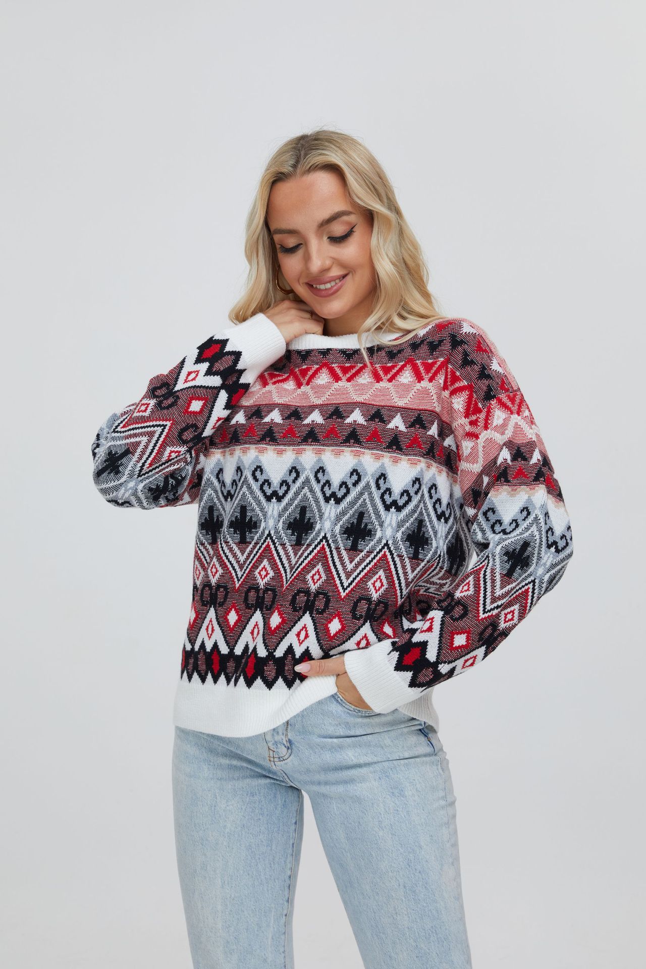 Fair Isle Retro Diamond Geometric Jacquard Knit Sweater Women's Crewneck Long Sleeve