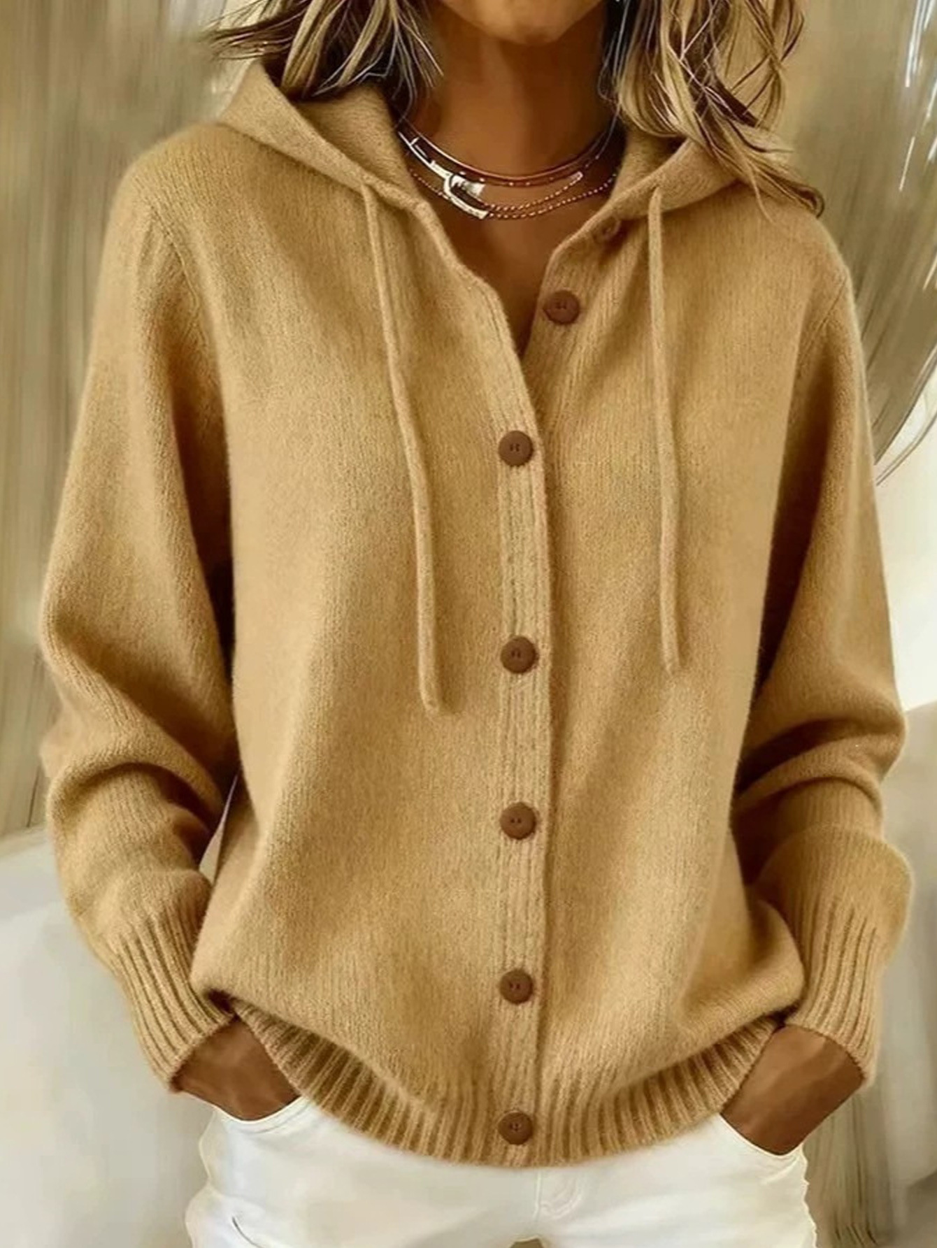 Button-Up Knit Hooded Cardigan Sweater Coat Solid Color Casual Women's