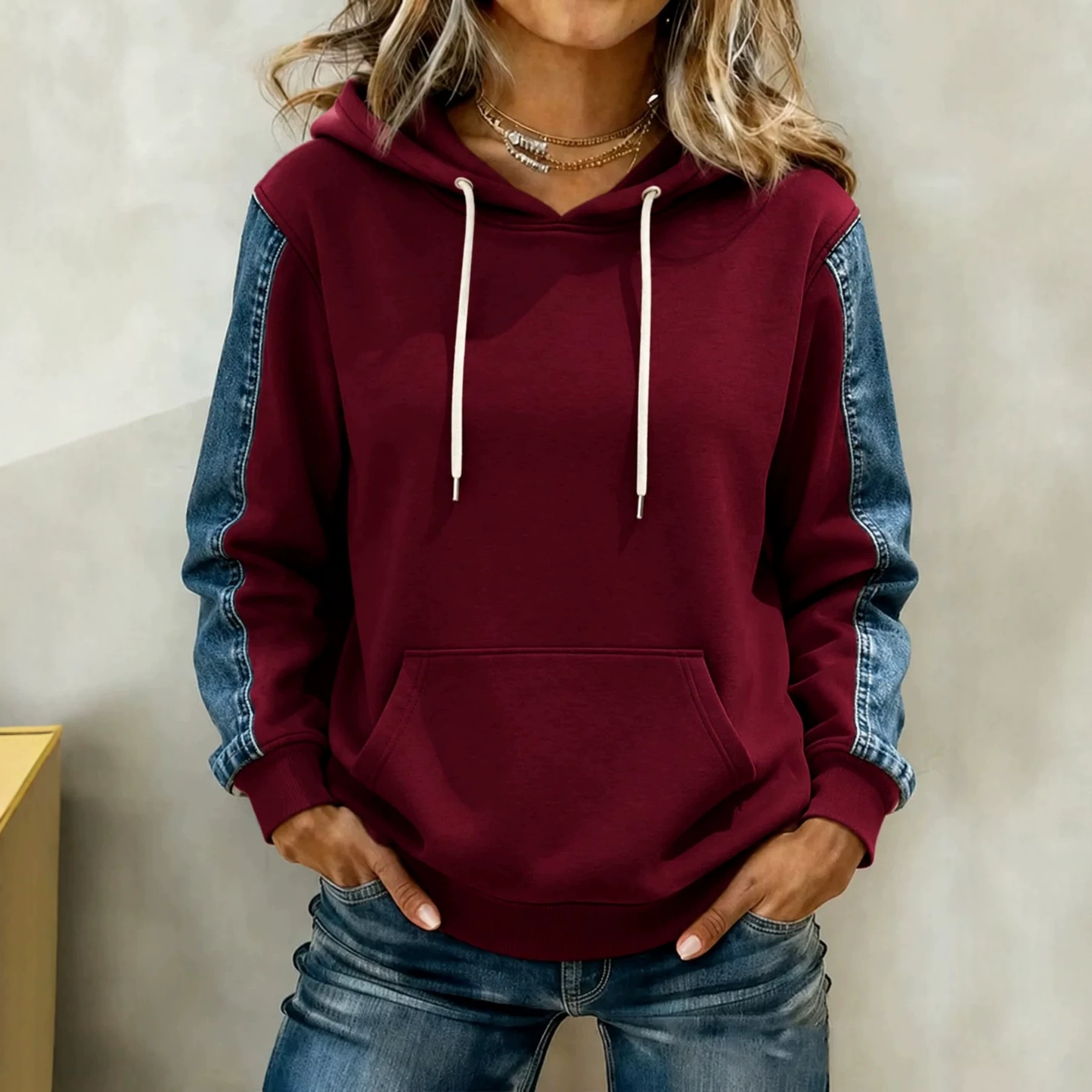 Minimalist 3D Print Color-Block Loose Hoodie