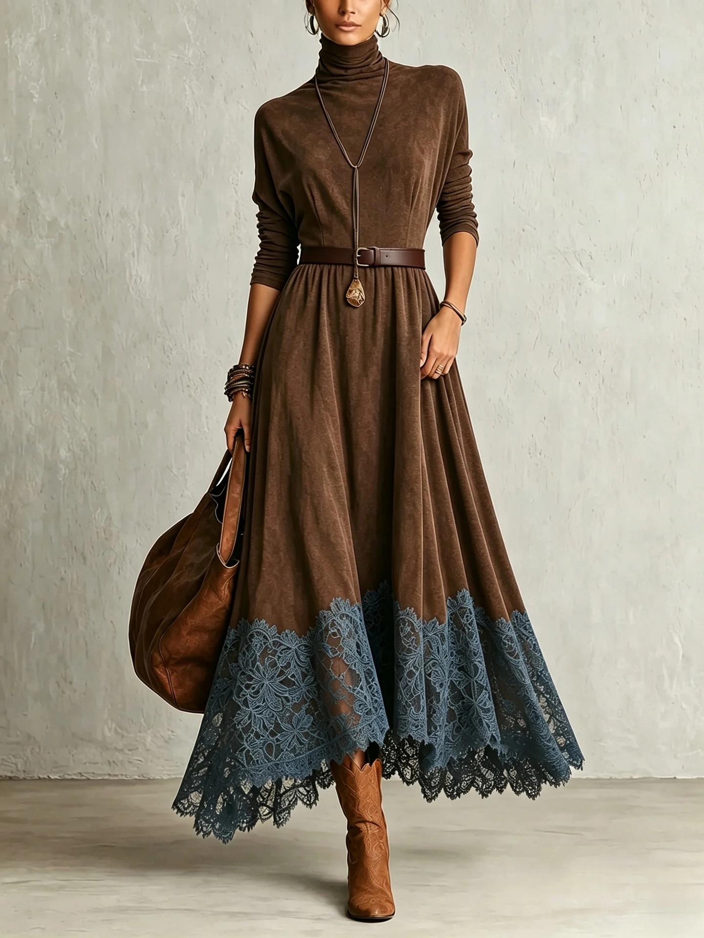 Elegant Color-Block Long Dress with Stand Collar for Fall Winter Commute