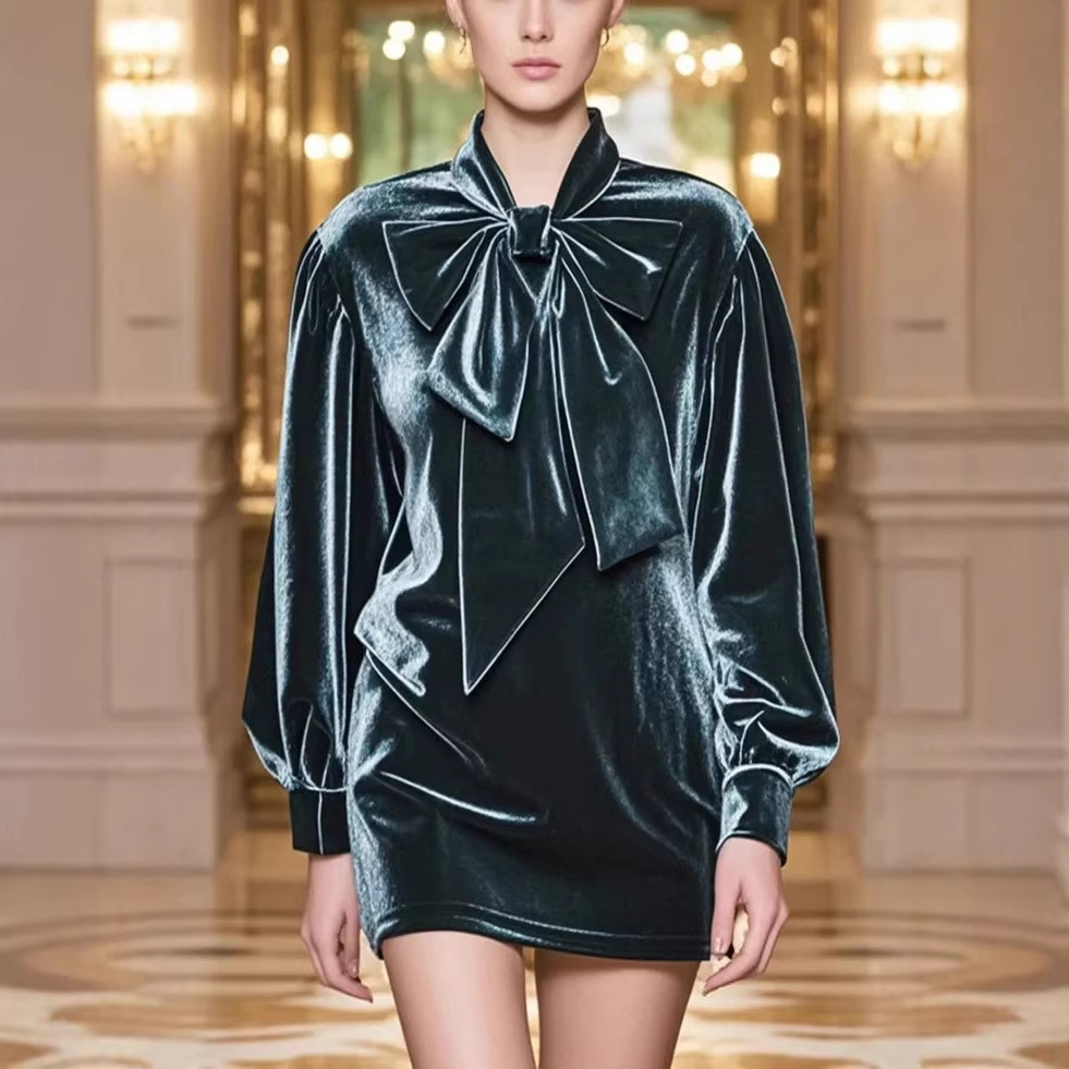 Retro Velvet A-Line Dress with Lantern Sleeves and Bow Tie Neck
