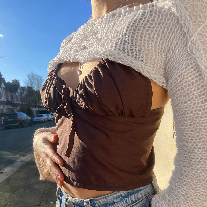 Women's Hollow-Out Knit Sweater with Bell Sleeves and Crew Neck