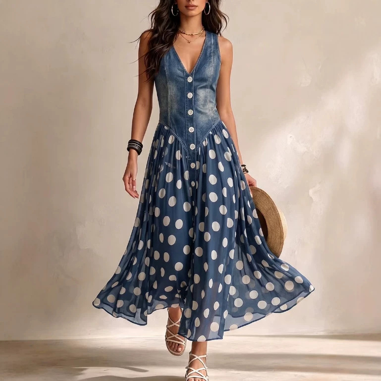 Polka Dot Faux Denim Print Sleeveless Long Dress