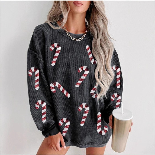 Women's Christmas Candy Cane Print Crewneck Sweatshirt