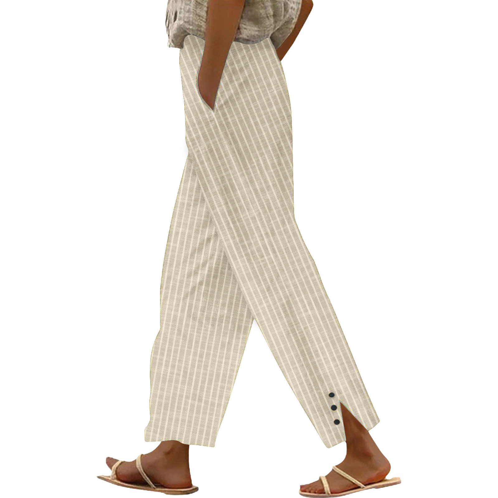 Women's Striped Straight-Leg Cropped Pants with Elastic Waist