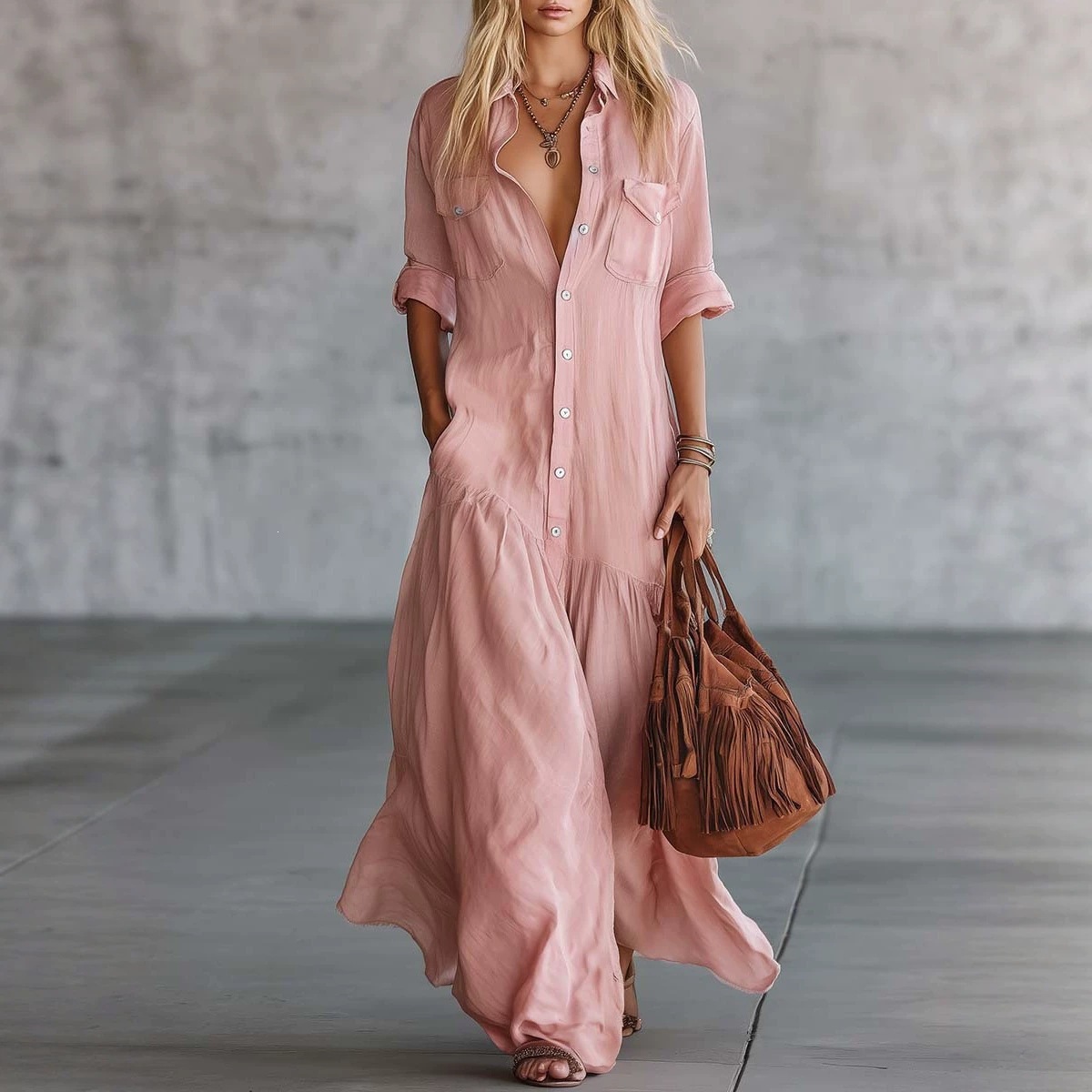 Long Button-Front Shirt Collar Dress with Patch Pockets