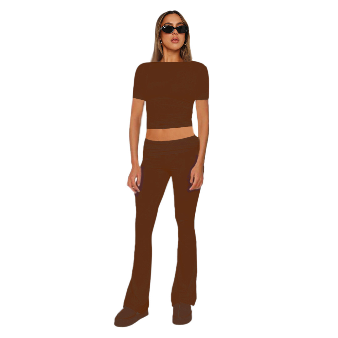 Women's Solid Color Long Sleeve Top and Pants Two-Piece Set