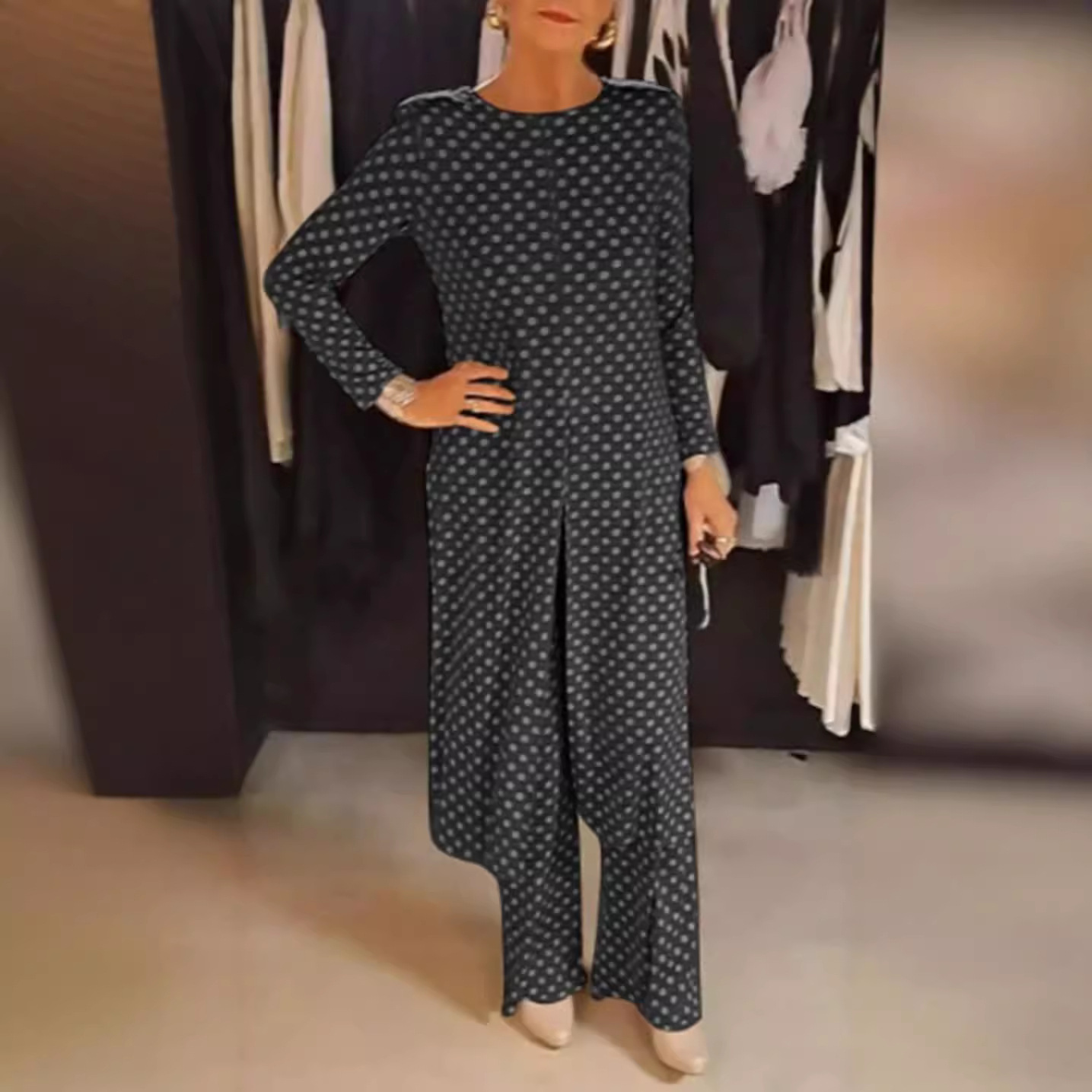 Women's Polka Dot Round Neck Slim Fit Slit Top Set